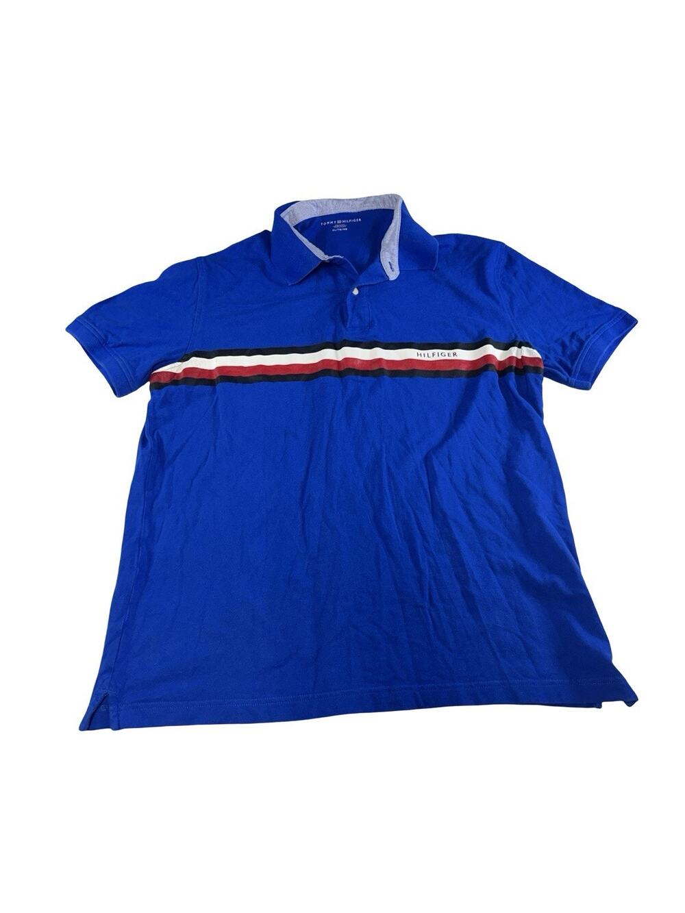 Tommy Hilfiger Men’s XL Blue Polo Shirt Flag Stripe Print Cracking